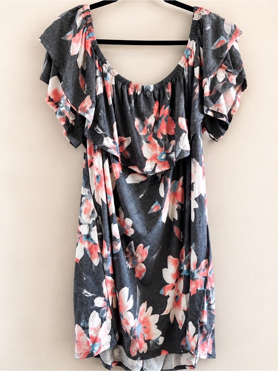 Sweet Lovely Tops - Women’s Floral Off-Shoulder dress in Charcoal & Coral